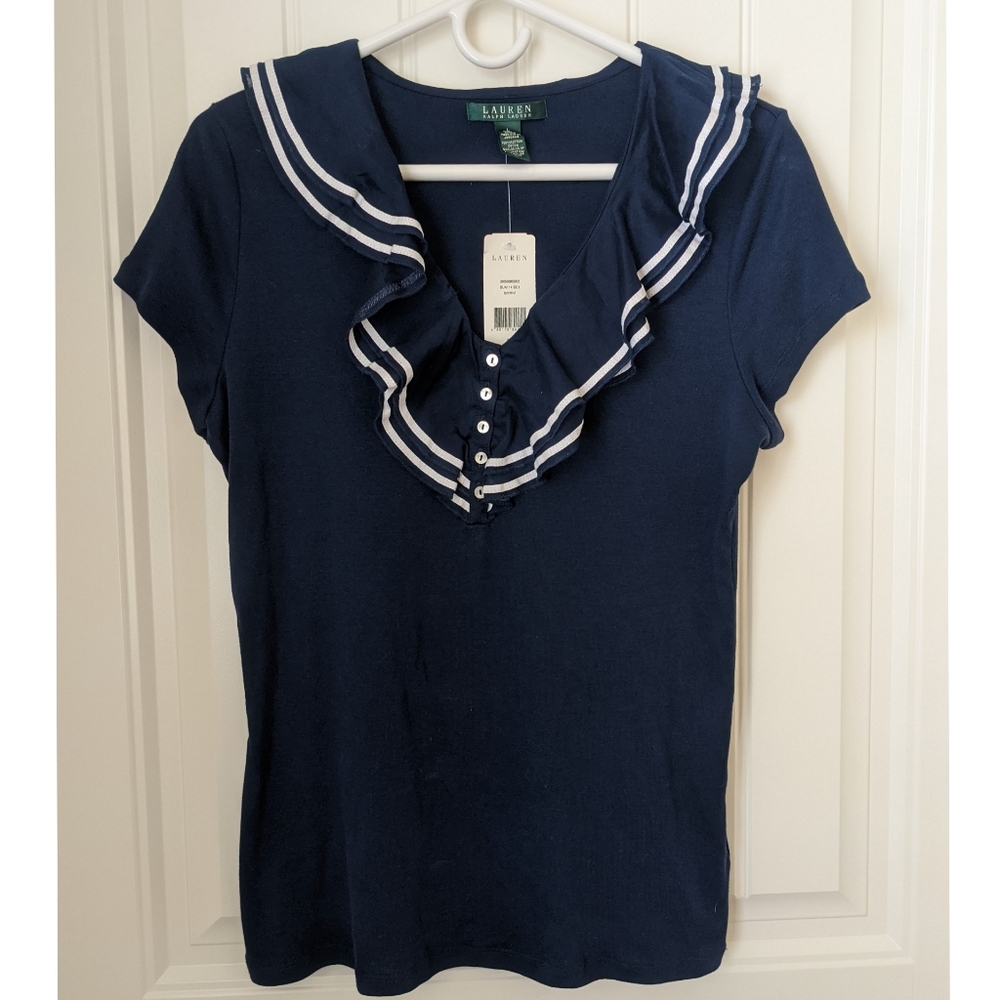 NWT Lauren by Ralph Lauren Navy Ruffled Blouse - Picture 1 of 11